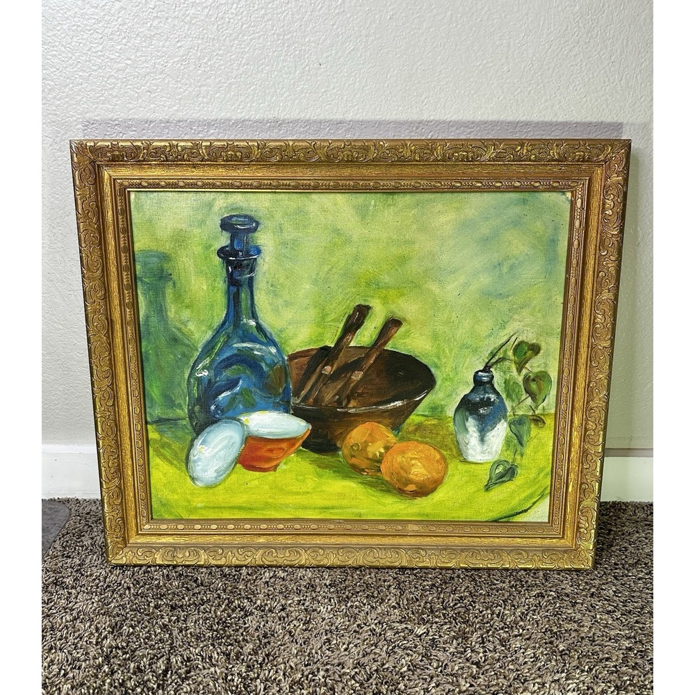 Vintage Wood Fram Still Life Oil Painting Blue Bottle Wooden Bowl Oranges